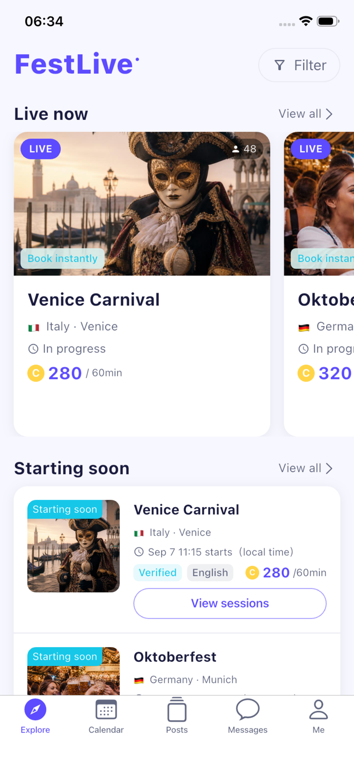 FestLive Explore screen showing live festivals